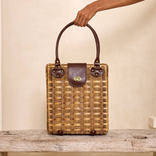 Load image into Gallery viewer, Twist Closure Rattan Bag| Dark Brown Leather